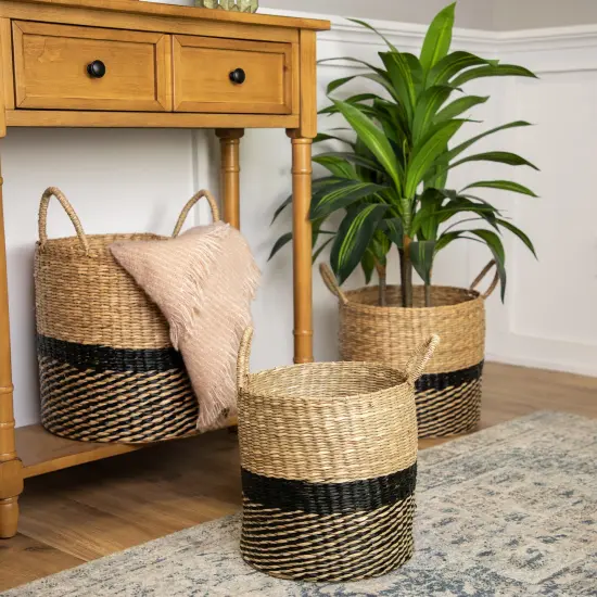 Northlight Woven Table and Floor Cylindrical Seagrass Baskets - Black and Beige - Set of 3 {1}