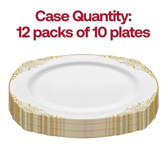 White with Gold Fancy Round Disposable Plastic Dinner Plates - 10.25" (120 Plates) {3}