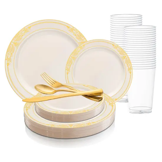 Ivory with Gold Harmony Rim Plastic Wedding Value Set (120 Settings) {1}