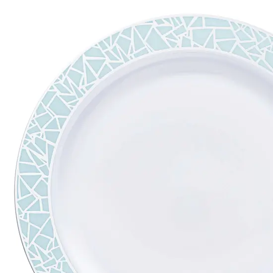 White with Turquoise Blue and Silver Mosaic Rim Round Plastic Dinner Plates - 10.25" (120 Plates) {1}