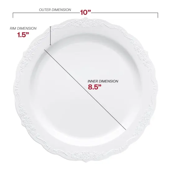 White with Silver Vintage Rim Round Disposable Plastic Dinner Plates - 10" (120 Plates) {3}