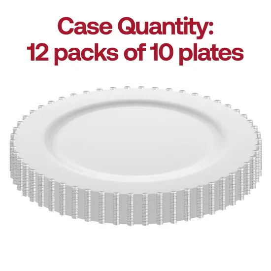 White with Silver Pearl String Round Disposable Plastic Dinner Plates - 10" (120 Plates) {3}