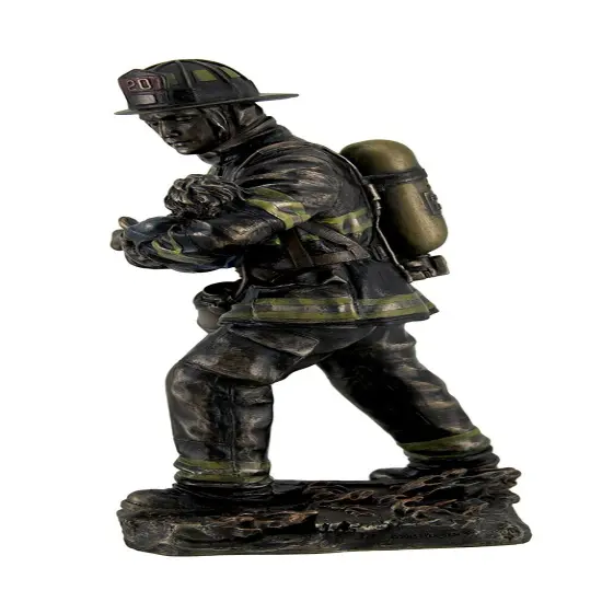 Firefighter Carrying Child Metallic Bronze Statue 11 Inches Tall {4}