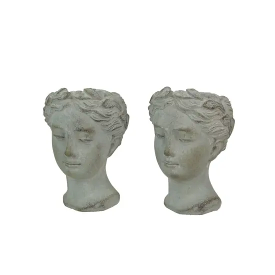 Set of 2 Weathered Gray Greek Lady Statue Wall Mount Cement Head Planter 6 Inch {1}
