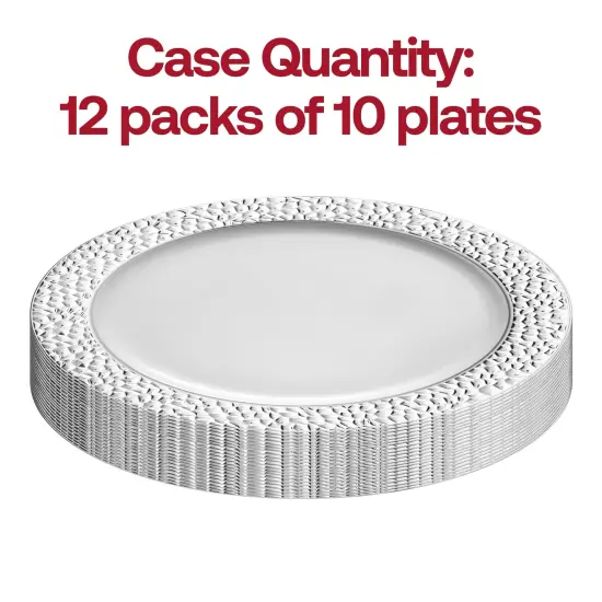 White with Silver Hammered Rim Round Plastic Dinner Plates - 10.25" (120 Plates) {4}