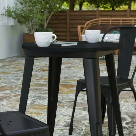 Merrick Lane Dryden Indoor/Outdoor Dining Table, 23.75" Round All Weather Poly Resin Top with Steel Base BrownTop/BlackFrame {12}