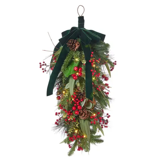 Christmas Magnolia Leaf, Eucalyptus, and Berry 30in Swag, Pre-Lit with 35 LED Fairy Lights B/O {1}