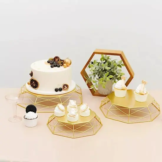 3 Gold Geometric Octagon Metal CAKE STAND Dessert Display Riser Party Supplies {2}