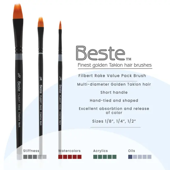 Creative Mark Beste Golden Taklon Filbert Rake, Set of 3 Artist Paint Brush, Professional Watercolor Brushes, For Acrylic Painting, Short Handle, Sharp Edges, Hand-Tied & Shaped {3}