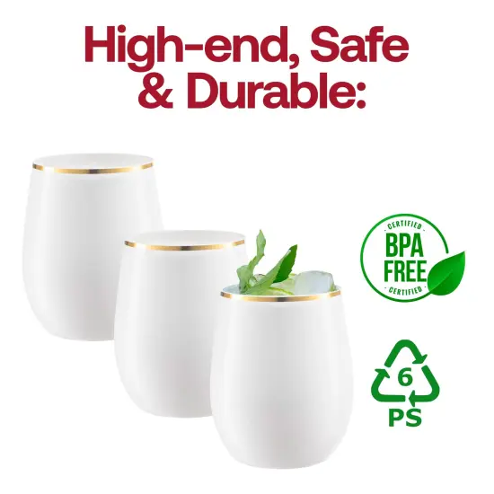 White with Gold Elegant Stemless Plastic Wine Glasses - 12 oz. (64 Glasses) {4}