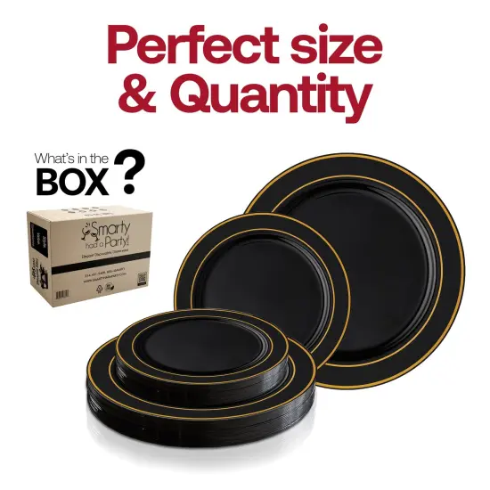 Black with Gold Edge Rim Plastic Dinnerware Value Set (120 Guests) {5}