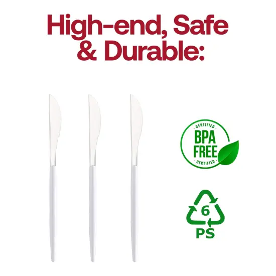 Silver with White Handle Moderno Disposable Plastic Dinner Knives (240 Knives) {4}