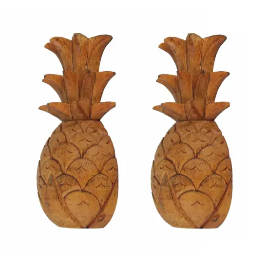 Set of 2 Hand Carved Wooden Pineapple Hanging Wall Art Sculptures Home Decor {3}