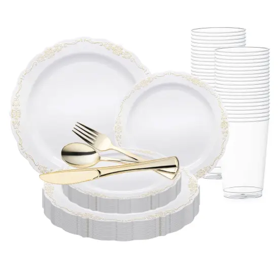 White with Gold Vintage Rim Round Disposable Plastic Wedding Value Set (20 Settings) {1}