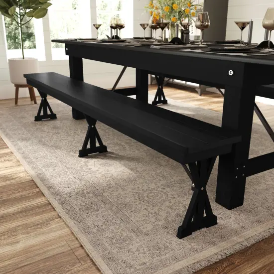 Merrick Lane Tinsley 8' x 12" Solid Pine Folding Farmhouse Style Bench, Rustic Pinewood Folding Dining Bench with Locking X-Legs Black Wash {1}