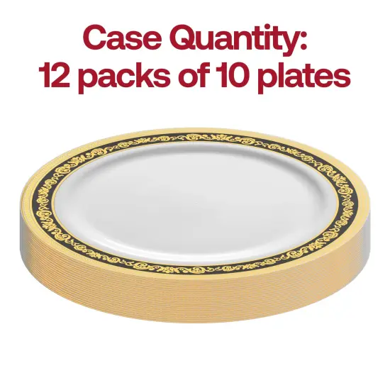 White with Black and Gold Royal Rim Plastic Appetizer/Salad Plates - 7.5" (120 Plates) {4}