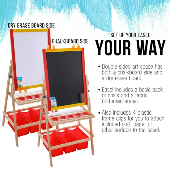 Flip-Over Children's Double-Sided Paint & Drawing Art Easel Board with Chalkboard, Dry Erase Board, Paper Roll, 3 Storage Bins, 5 No-Spill Cups, Chalk {4}