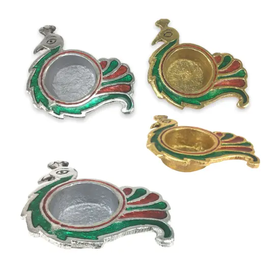 Peacock Deepam Brass Finish Diya Pack of 2 Samai Deepak Oil Lamp Indian Festival Diwali Diya Hindu Puja Religious Home Decor Pooja Lamp Indian Housewarming Wedding - Corporate Return Gift Silver {3}