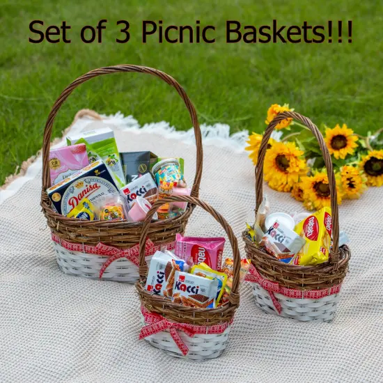 Wickerwise Set of 3 Rattan Woven Baskets with Handle and Plastic Lining, Sturdy and Stylish Picnic and Gift Baskets - Ideal as Fruit Basket, for Storing Picnic Accessories, Garden Items and Home Decor {3}