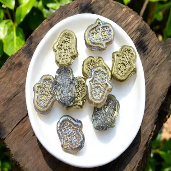 *10* 15x10mm Gold Lustered Washed Crystal Hamsa Hand Beads {3}