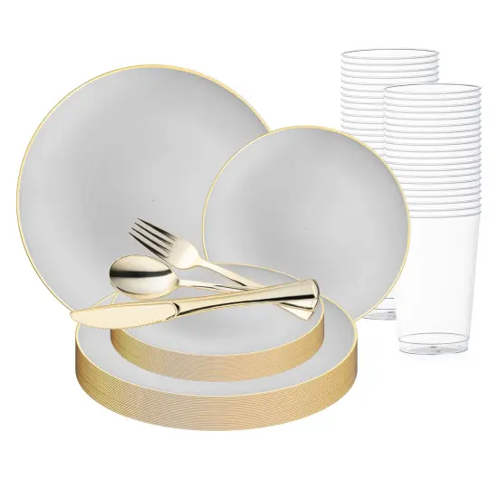 Gray with Gold Organic Round Disposable Plastic Wedding Value Set (20 Settings) {1}