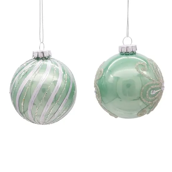 Kurt Adler 80MM Silver and Pale Aqua Embellished Ball Ornaments, 6 Piece Set {2}