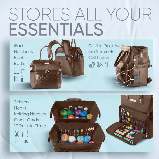 Brown Yarn Storage Backpack for Knitting & Crocheting on the Go - Faux Leather Water-Resistant Bag with USB Port {5}