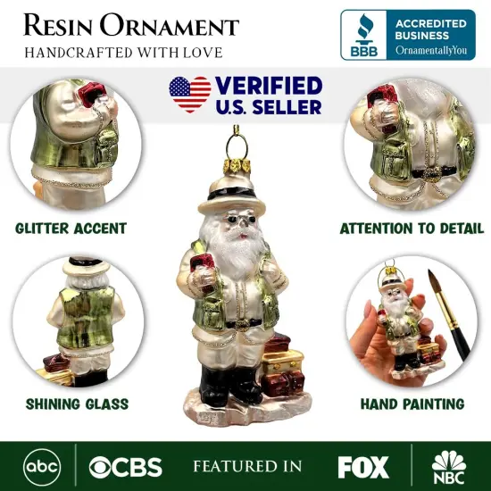 Adventurous Safari Santa Handblown Glass Ornament, African Jungle Explorer Travel Themed Christmas Decor {3}