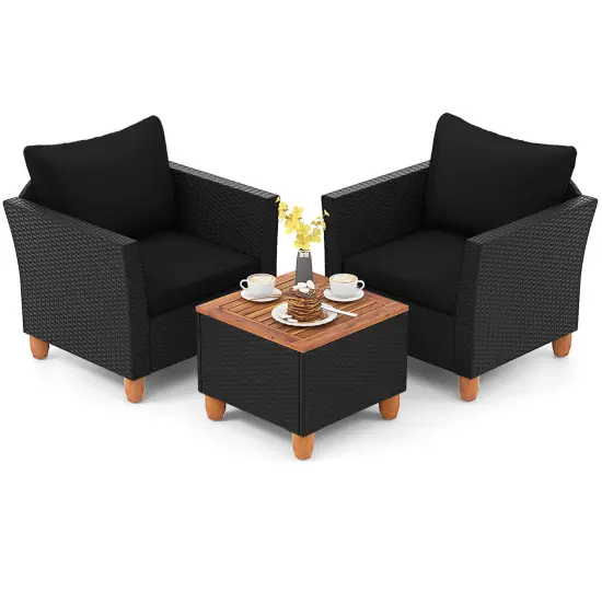 Costway 3PCS Patio Rattan Furniture Set Cushioned Sofa Storage Table with Wood Top Red/Black {2}