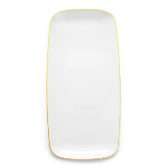 White with Gold Rim Flat Raised Edge Rectangular Disposable Plastic Plates - 10.6" x 5" (120 Plates) {1}