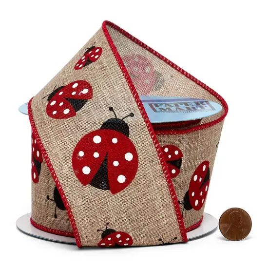 Charming Ladybugs on Natural Wired Ribbon 2.5" x 10 yd White Dots {1}