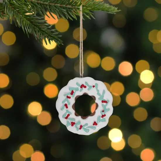 Northlight 2.75" White Frosted Donut with Pine and Berry Christmas Ornament {1}