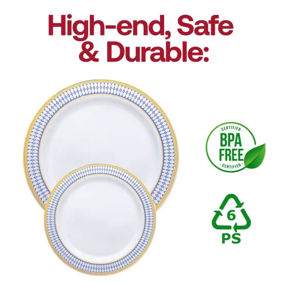 White with Blue and Gold Chord Rim Plastic Dinnerware Value Set (120 Guests) {6}