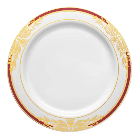 White with Burgundy and Gold Harmony Rim Plastic Appetizer/Salad Plates - 7.5" (120 Plates) {2}