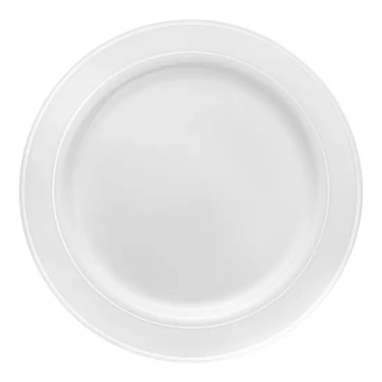 White with Silver Edge Rim Plastic Dinner Plates - 10.25" (120 Plates) {2}