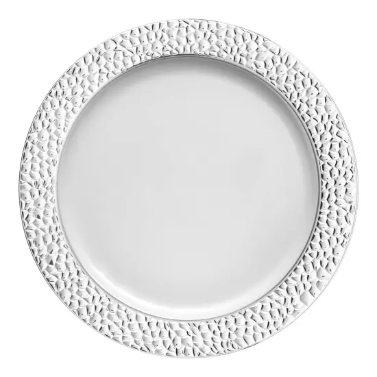 White with Silver Hammered Rim Round Plastic Appetizer/Salad Plates - 7.5" (120 Plates) {2}