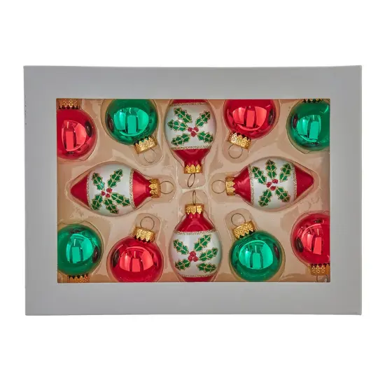 Kurt Adler 35MM Glass Green and Red Ball and Finial 12-Piece Ornament Set {1}
