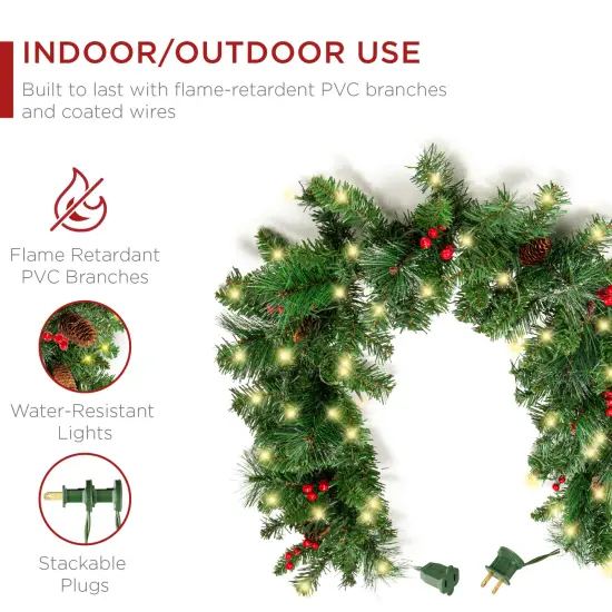 Best Choice Products 9ft Pre-Lit Pre-Decorated Garland w/ PVC Branch Tips, 50 LED Lights, Pine Cones, Berries Green - Corded {5}