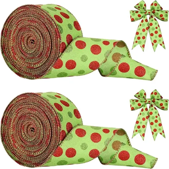 2 Rolls Christmas Glitter Ribbons Green Red Polka Dot Ribbons Wired Ribbons Burlap Wrapping Ribbon for Christmas Tree Decoration Xmas DIY Crafts Bows Wreath {1}
