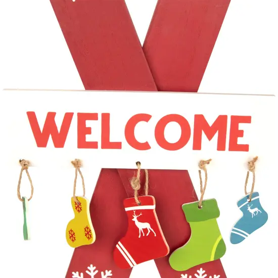 Northlight Wooden Welcome Skis with Christmas Stockings Hanging Decoration - 23.5" Red {6}