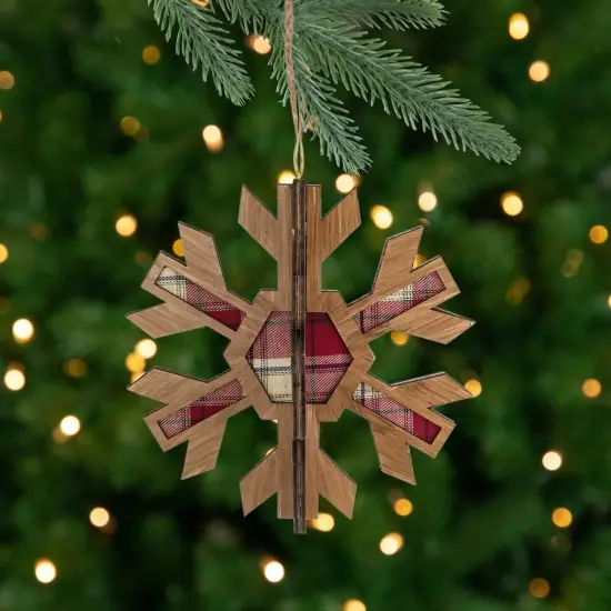 Northlight Faux Wood and Plaid 3-D Starburst Snowflake Christmas Ornament - 7" - Brown and Red {1}