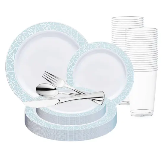 White with Turquoise Blue and Silver Mosaic Rim Round Plastic Wedding Value Set (20 Settings) {1}