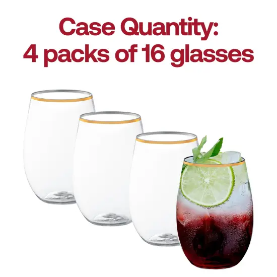 Clear with Gold Elegant Stemless Plastic Wine Glasses - 16 oz. (64 Glasses) {5}