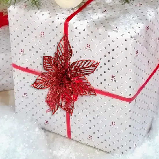 8.5" Red Glitter Poinsettia Flower, Christmas Holiday Decoration, Ideal for Holiday Decor, Xmas Floral Arrangements, Home Decoration {2}