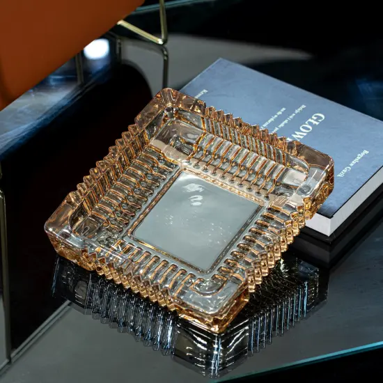 Basicwise Luxury Large Glass Ashtray with 4 Slots for Cigarettes and Cigars, Transparent Square Design for Men - Ideal for Home, Office and Tabletop Decoration - Perfect for Indoor and Outdoor Use {4}