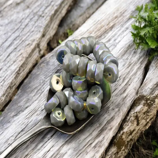 *15* 4x6mm Opaque Gray Silk AB Fire Polished Rondelle Heishi Beads {4}