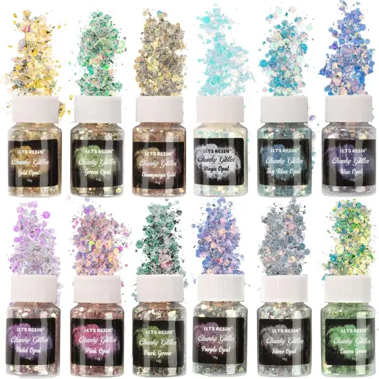 LET'S RESIN Opal Chunky Glitter for Resin, 12 * 10g Craft Powder for Tumblers/Slime, Iridescent Chameleon Glitter Sequins Festival Decor(Each 0.35oz) {1}