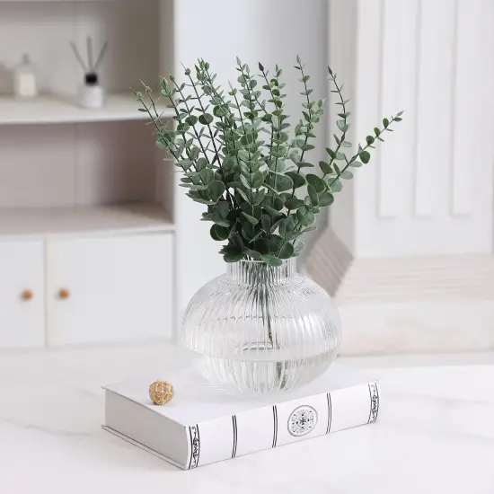 Round Glass Vase, Flower Vase for Bouquet, Ribbed Glass Vase, Fluted Vase, Clear Glass Vase for Tulips, Modern Glass Vase for Living Room, Office, Coffee Table, Shelf, Wedding, 6 Inches {2}