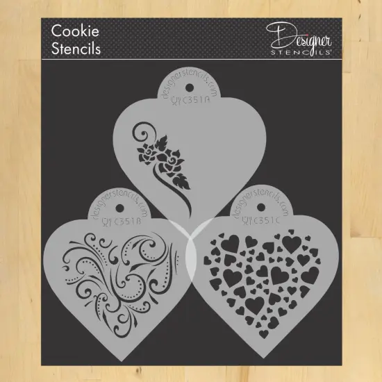 Contemporary Hearts Cookie Stencils | C351 by Designer Stencils | Cookie Decorating Tools | Baking Stencils for Royal Icing, Airbrush, Dusting Powder | Reusable Plastic Food Grade Stencil for Cookies | Easy to Use & Clean Cookie Stencil {1}