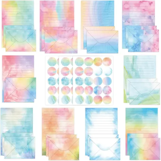 160 Pieces Watercolor Stationary Paper Set for Girl - 50 Lined Stationery Writing Papers 50 Matching Envelopes 60 Round Sticker Seals, 10 Cute Unique Design (Watercolor, 5.5 x 8.25 Inch) {1}